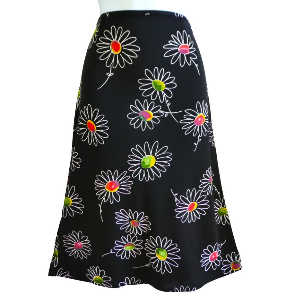 Vintage 90s Black Mod Flower Skirt Harolds Side Zip A Line Knee Stretch 4